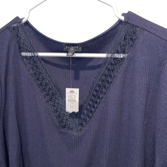 Talbots Ribbed V-Neck Lace Detail Short Sleeve Top Navy NWT Size 3X - Picture 2 of 7